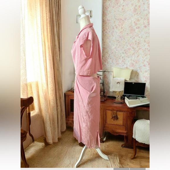 Vintage 1950s Dress Size M Wiggle Dress Baby Pink Ball Zipper Collared Cut Out - Picture 3 of 8